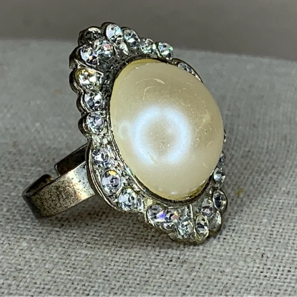 Vintage Adjustable Cocktail Ring Silver Faux Pearl Rhinestones